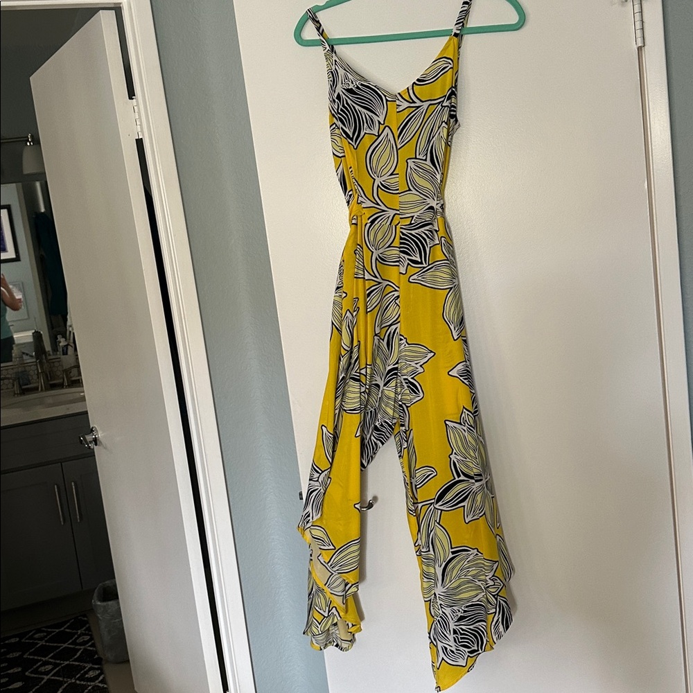 Yellow Floral split leg Dress with Black and White Accents tie in the back